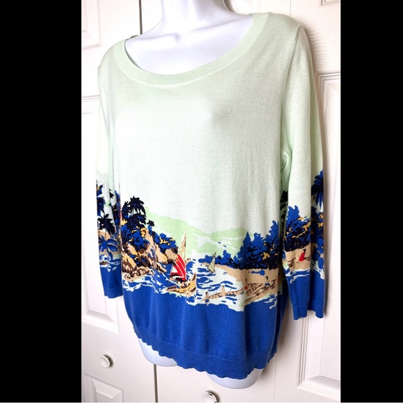 TALBOTS Sailboat Sweater Lightweight Knit Nautical Lighthouse Coastal Green Blue - Picture 2 of 7
